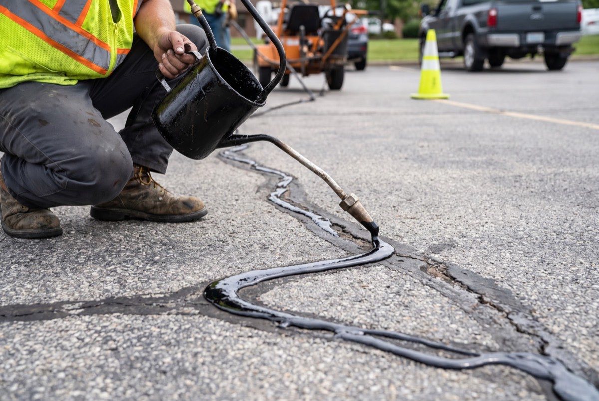 Hot-pour sealant being applied to cracks in an asphalt parking lot