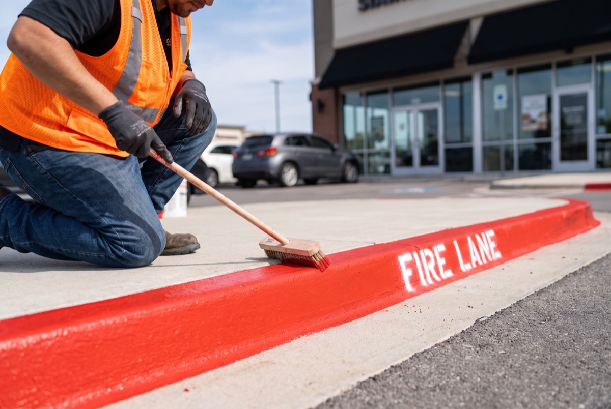 Red fire lane curb with white FIRE LANE lettering at a commercial property