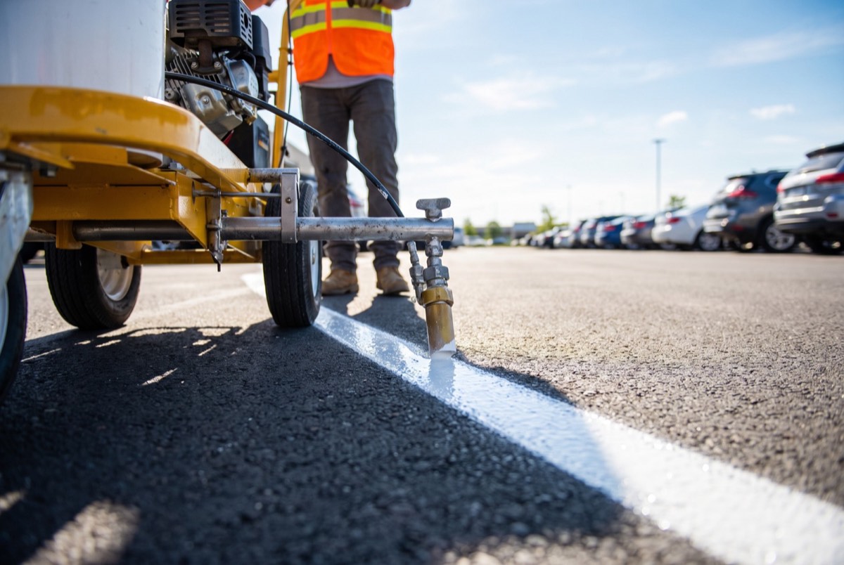 Line striping machine painting a fresh white parking space line on asphalt